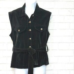 VTG Velvet Vest Women Large Black Belted Button Goth Academia Western Equestrian